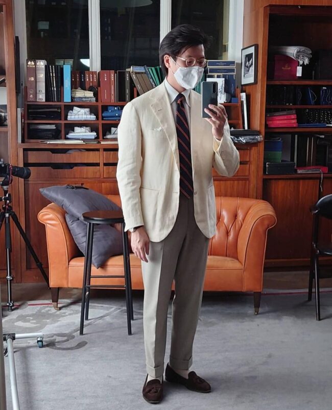 Brown Linen jacket with beige linen pants and shirt